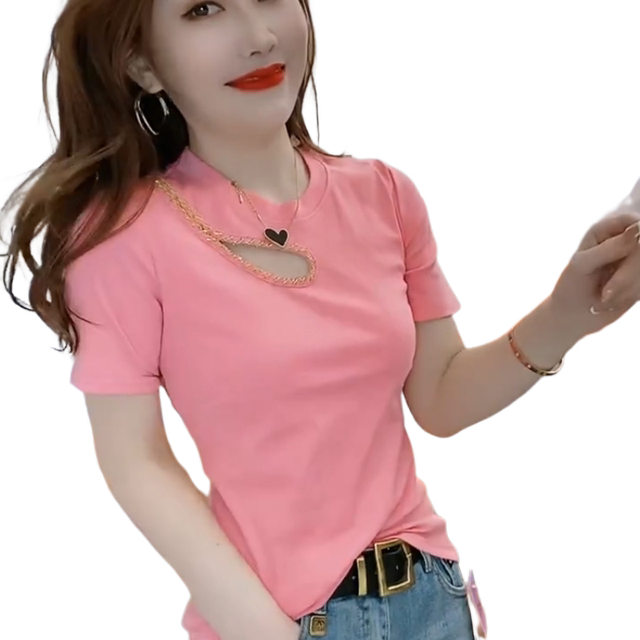 2023 new summer design hollow casual short-sleeved cotton T-shirt women's slim slim fashion simple top