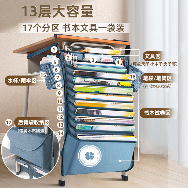 Hanging book bag Large capacity desk side book bag storage artifact student junior high school high school student desk side hanging bag