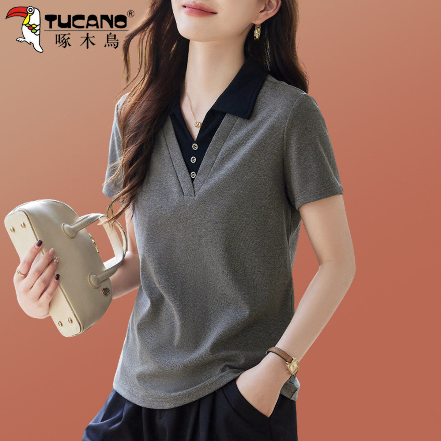 啄木鸟假两件女士polo衫夏季2026新款小个子气质减龄短袖t恤纯棉