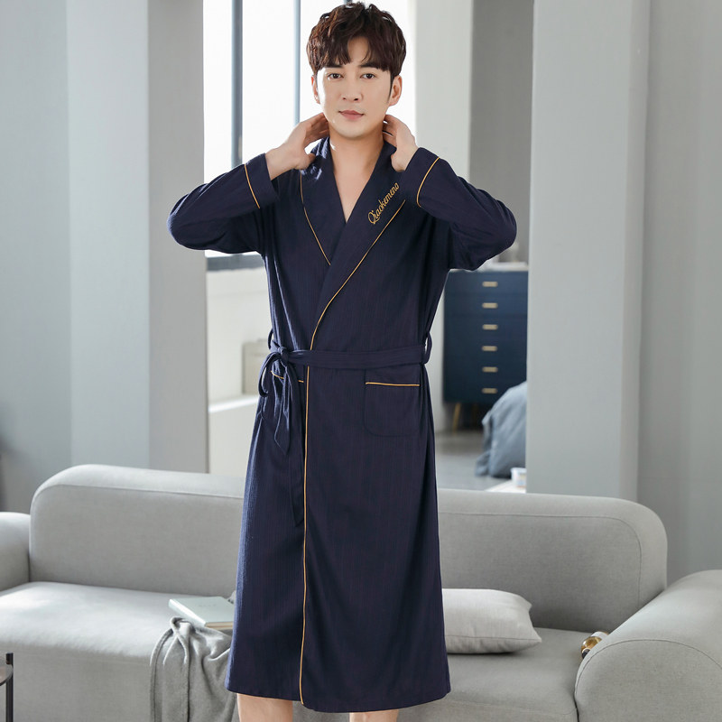 Finten Spring Autumn Season Plus Fertilizer Dresses Big Code Sleeping Robes Men's Pure Cotton Long Sleeves 240 Catty Chubby Fattens Full Cotton Bathrobe