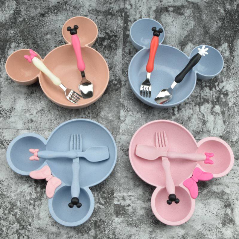 Wheat Straw Anti-Fall Cute Cartoon Children Cutlery Mickey Bowl Baby Deputy Food Bowl Fork Spoon Three Cutlery Sets
