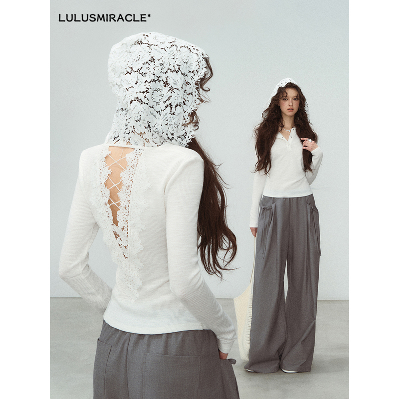 Lulusmiracle【Floating Flower Waterfall】Designed French Lace Hoodie Top White Long-Sleeved T-Shirt
