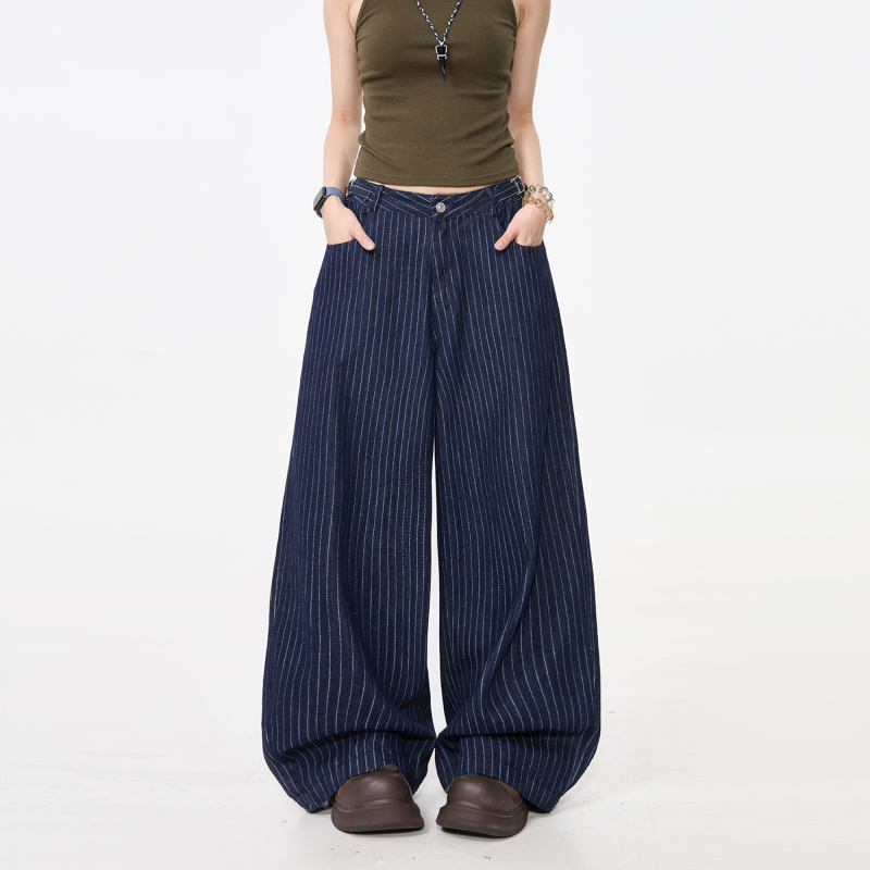 Amerikana-Style Retro Dark Blue Vertical Striped Wide-Leg Pants, Unisex, Loose Fit with Adjustable Buckle Jeans Amerikana-Style Retro Dark Blue Vertical Striped Wide-Leg Pants, Unisex, Loose Fit with Adjustable Buckle Jeans