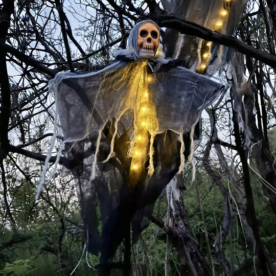 Halloween Decoration Glowing Eyes Hanging Ghost Outdoor Scene Scary Horror Costume Holiday Event Haunted House Setup