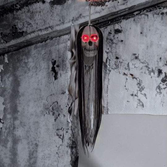 Halloween Decoration Glowing Skeleton Head Long-Haired Hanging Ghost Ornament Haunted House Escape Room Courtyard Horror Atmosphere Scene Setup