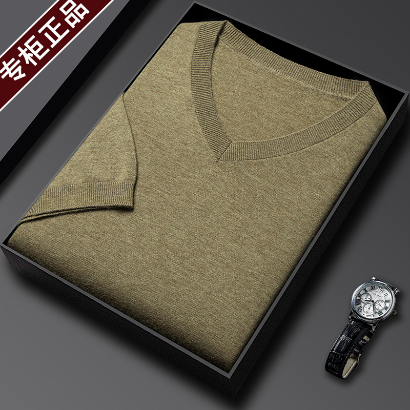 Ordos Spring & Fall Thin 100% Woolen Knitwear Men's V Neck Short-Sleeved T-Shirt Knitwear Half-Sleeved Bottoming Knitwear
