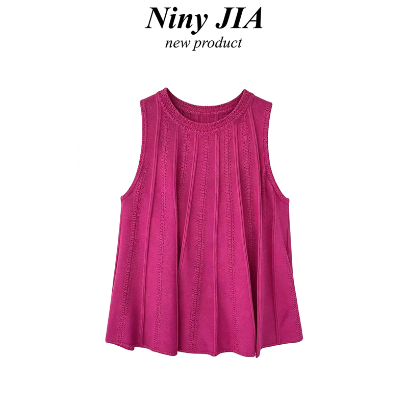 Niny Jia Dragon Fruit Color Pleated Sleeveless Knitted Vest for Women, New Summer Short Design, Loose Top