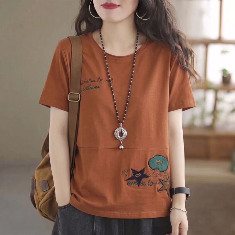 Middle-Aged Mother's New Summer Clothing, Pure Cotton Short-Sleeved Top, Women's Fashionable Embroidered Large Size Loose Slimming Belly-Covering T-Shirt