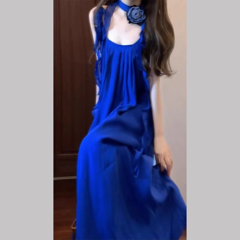 2025 New Blue High-End Suspender Dress Women's Summer Beach Vacation Wear Waist Beautiful Long Skirt