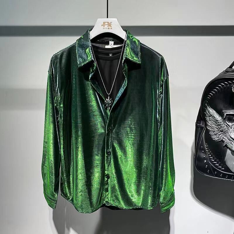 High-End, Cool and Colorful Shirt for Men, Long-Sleeved, Futuristic, Liquid Multi-Color Changing, Nightclub Style, Fashionable Shirt