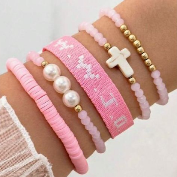 New Wwjd Letter Bracelet for Women, Fashionable and Unique Cross-Shaped Faux Pearl Beaded Elastic Bracelet Set Jewelry