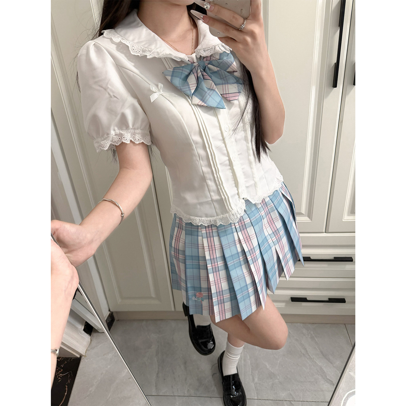 Wind-Blown Wheat Fragrance Jk Original Doll Collar Waist-Cinching Shirt with Lace Trim, Pure Desire Style Short-Sleeve Shirt, Slimming College Style Wind-Blown Wheat Fragrance Jk Original Doll Collar Waist-Cinching Shirt with Lace Trim, Pure Desire Style Short-Sleeve Shirt, Slimming College Style