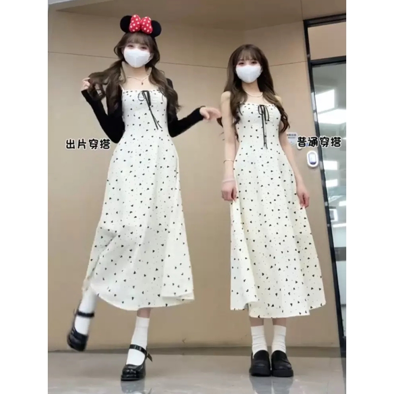 Black and White Heart Floral Spaghetti Strap Dress Women's Summer Casual Wear Sweet Style Waist-Cinching Long Dress Petite Size