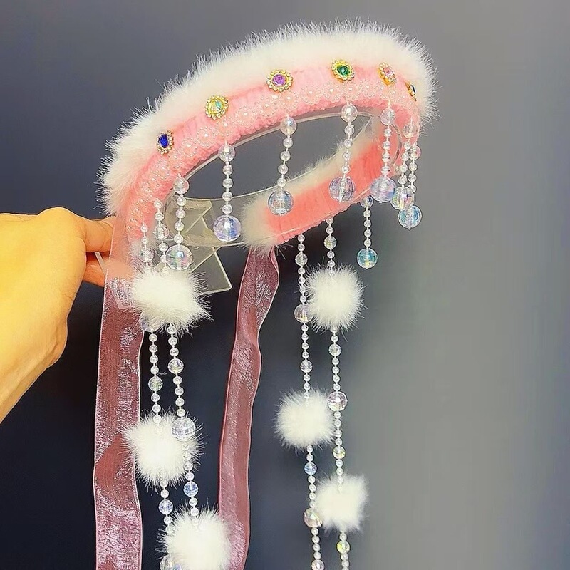 Plush Mongolian-Style Forehead Ornament with Colorful Rhinestones, Crystal Tassels, and Fur Ball Headband for Hanfu, Grassland Travel Photography, and Ethnic Minority Headwear