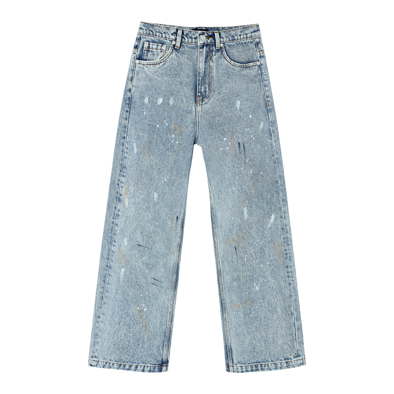 "Rumorbusters" Light Blue Splatter-Ink Distressed Faded Denim Straight-Leg Wide-Leg Pants "Rumorbusters" Light Blue Splatter-Ink Distressed Faded Denim Straight-Leg Wide-Leg Pants