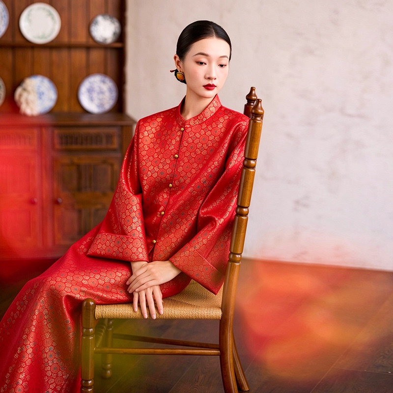 Dear Peony【Zhao Fei Shang】Red New Chinese Style Engagement Dress Bride Long Sleeve Cheongsam Set Toasting Dress Dear Peony【Zhao Fei Shang】Red New Chinese Style Engagement Dress Bride Long Sleeve Cheongsam Set Toasting Dress