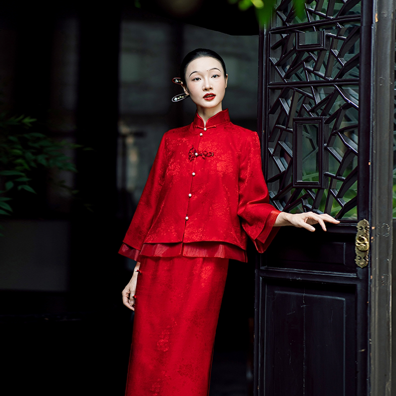 Dear Peony's Original Design New Chinese-Style Mulberry Silk Red Cheongsam for Bride Engagement Wedding Toast Dress