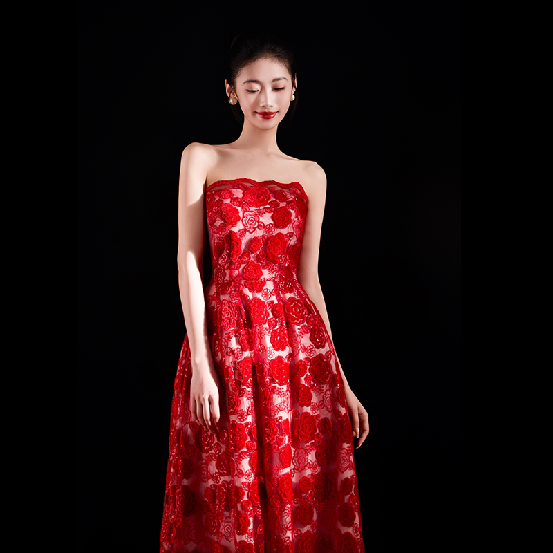 Dear Peony Bride, Red Strapless Robe, High-End Rose Flower Toast Dress, Summer Lace Dress Dear Peony Bride, Red Strapless Robe, High-End Rose Flower Toast Dress, Summer Lace Dress