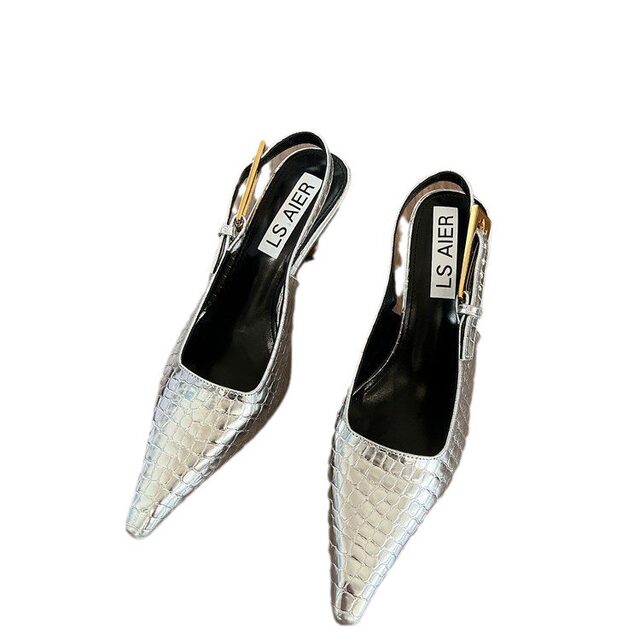 Summer New Patent Leather Crocodile Pattern Sandals, Feminine Stiletto Heels, Small Square Toe, Elegant High Heels, Backless Single Shoes