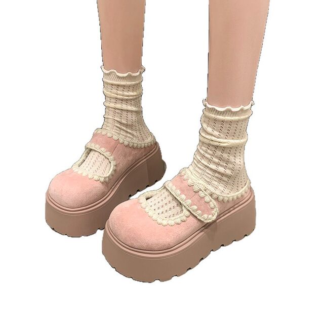 Korean Style Slippers, New Genuine Leather Women's Shoes, Velcro Thick-Soled Height-Increasing Mary Jane Shoes, Retro Velcro Shoes, Trendy Women's Shoes