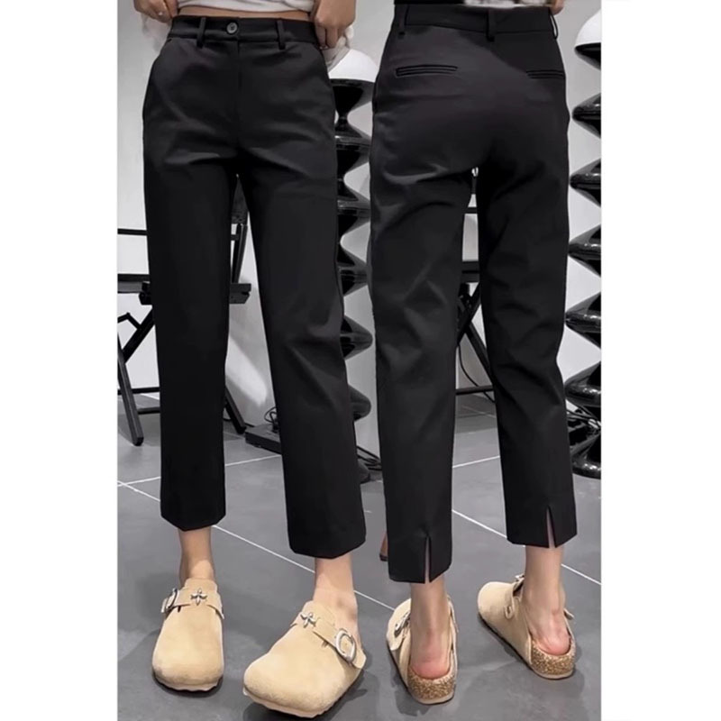 Summer Thin Slit Suit-Style Casual Pants for Women, Plus Size, Pear-Shaped Body, High-Waisted, Slimming, Straight-Leg, Cropped Pants