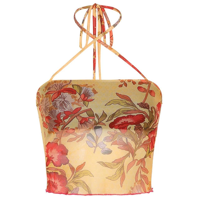 Rapcopter Floral y2k Crop Top Mesh See Through Sexy Corset T