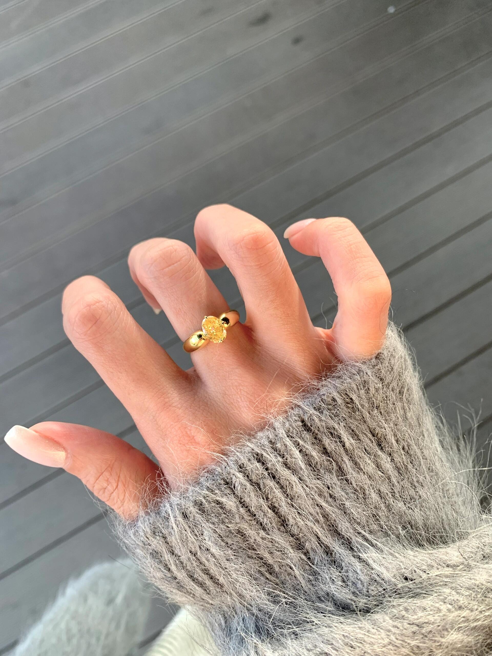 Egg-shaped yellow diamond ring