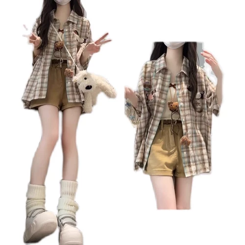 Летняя универсальная рубашка, шорты, комплект, в корейском стиле, эффект подтяжки, по фигуре, 3 предмета