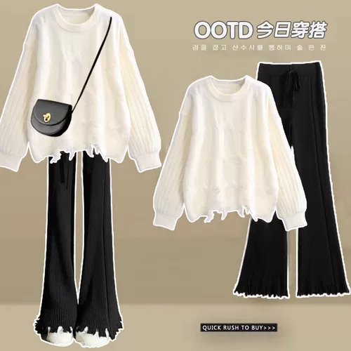 Осенний свитер, штаны, комплект, в западном стиле, большой размер, подходит для полных девушек, свободный крой