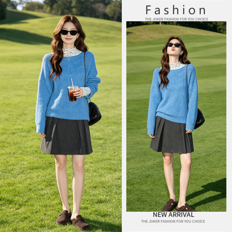 Trendy Popular Set for Women: Autumn Floral Thin Base Layer Top, Klein Blue Knitted Sweater, High-Waisted Skirt