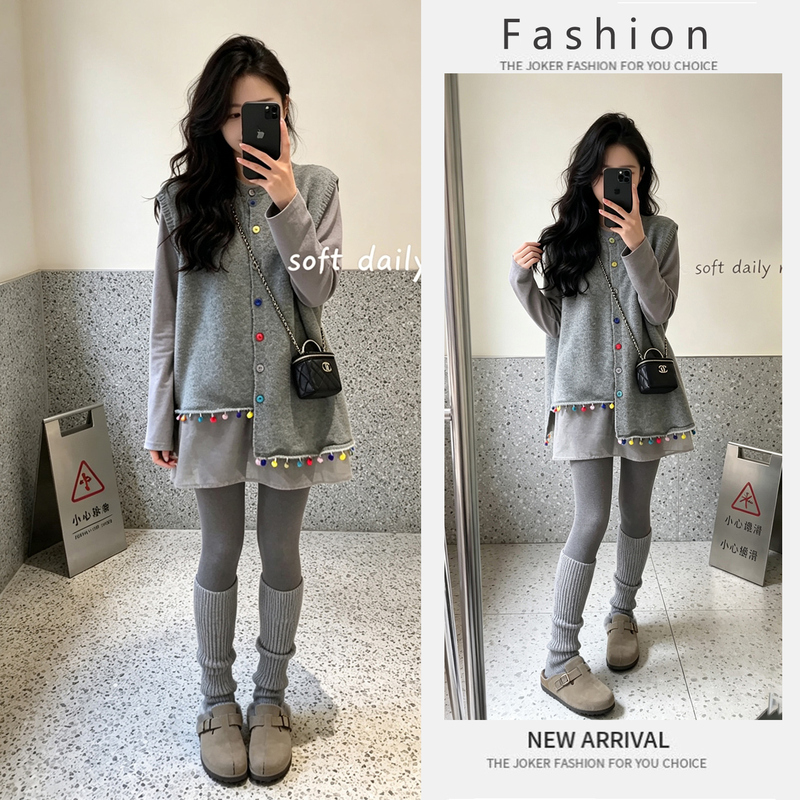 Elegant and Sophisticated Women's Autumn Outfit Set: Slim-Fit Colorful Buttoned Knit Vest, Base Shirt, and Shark Pants Elegant and Sophisticated Women's Autumn Outfit Set: Slim-Fit Colorful Buttoned Knit Vest, Base Shirt, and Shark Pants