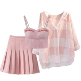 Весенний комплект, рубашка, юбка в складку, большой размер, защита от солнца, эффект подтяжки, плиссированная юбка, 3 предмета