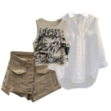 Летний комплект, жилет, рубашка, модные шорты, большой размер, в американском стиле, 3 предмета