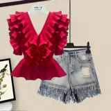 Комплект, рубашка, джинсовая юбка, размер, V-образный вырез