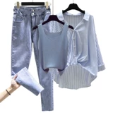 Весенний комплект, рубашка, модные джинсы, большой размер, подходит для полных девушек, эффект подтяжки, по фигуре, 3 предмета