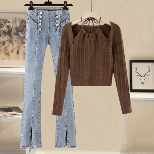 Комплект, трикотажный свитер, джинсы, осенний