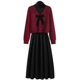 Милый осенний комплект, красный свитер, трикотажное платье, большой размер