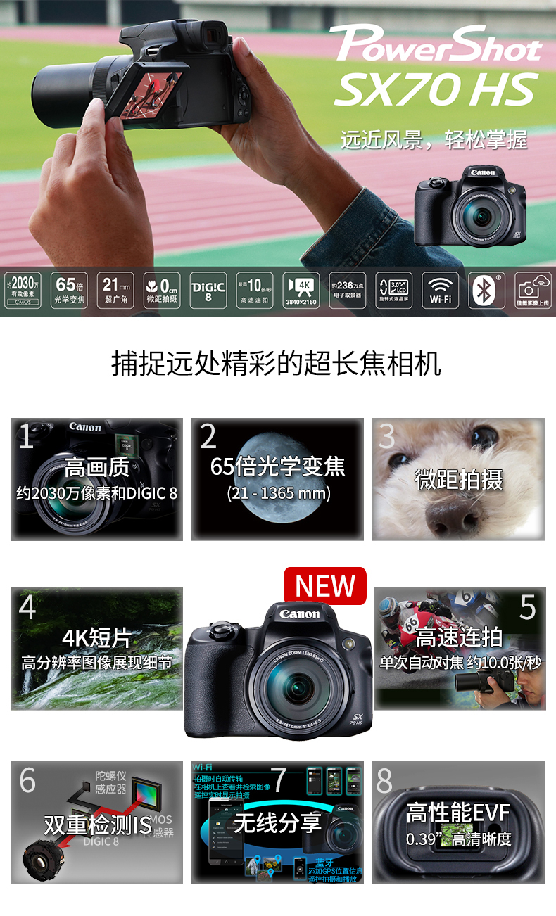 Canon / Canon PowerShot SX70 HS Máy ảnh siêu tele độ nét cao 4K video HD du lịch mini máy hẹn giờ kỹ thuật số Máy ảnh kỹ thuật số cầm tay nhỏ Máy ảnh gia đình HD nhỏ - Máy ảnh kĩ thuật số