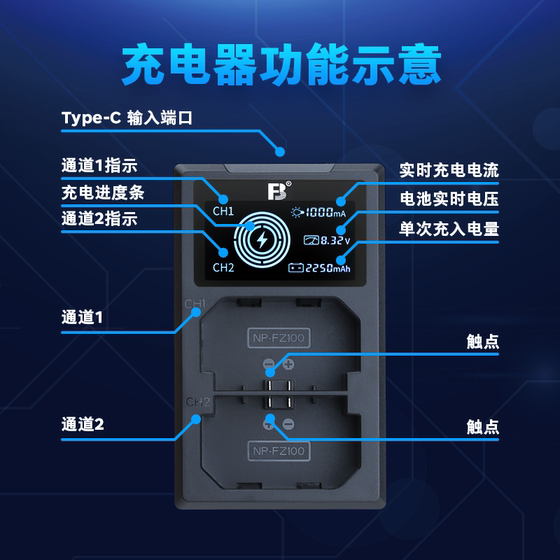 Fengbiao Sony NP-FZ100 배터리 충전기 a7ca7m3/m4/m5a7r3/R4/R5S3a7rm4aa6600a1 FX30FX3 카메라 유형-c 홀더 a9m2에 적합