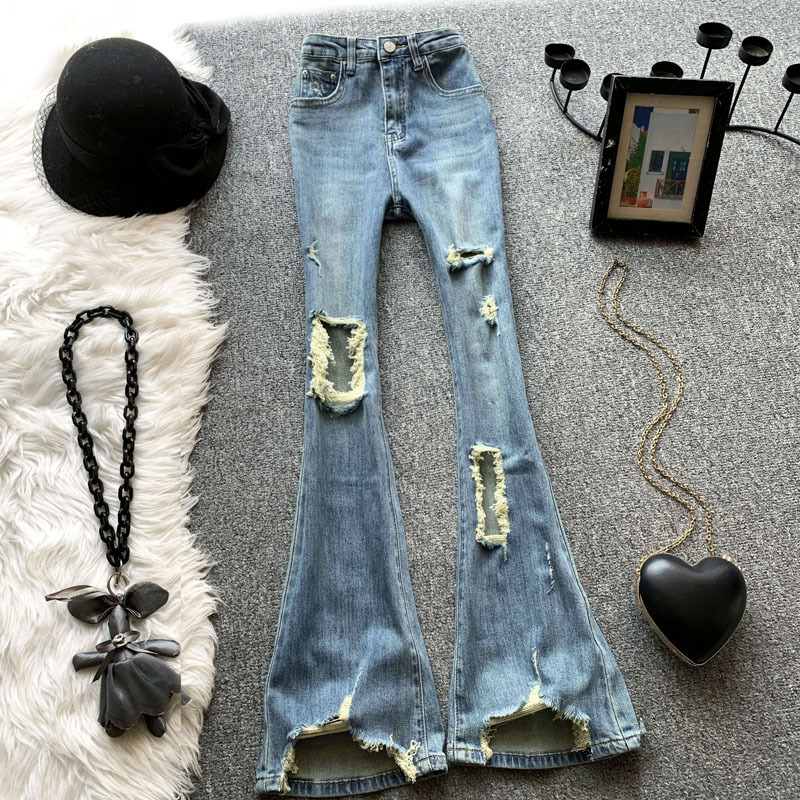 Designed American-Style High-Waisted Ripped Flared Jeans for Women, Summer Frayed Elastic Slim-Fit Straight-Leg Pants