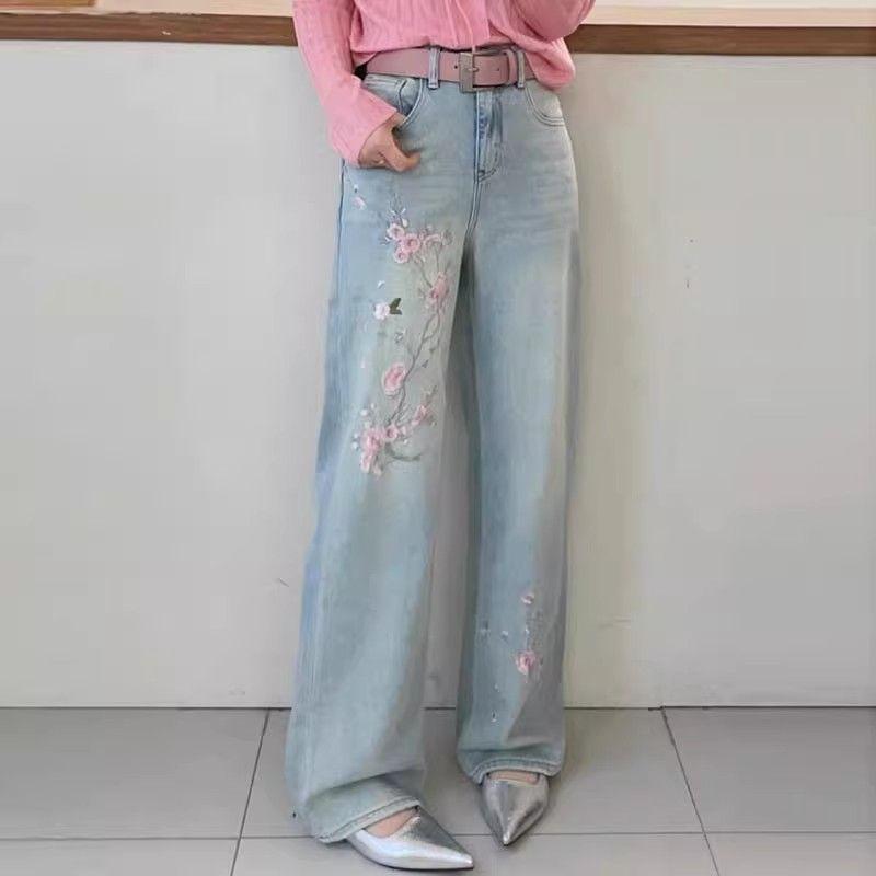 New Chinese-Style National Trend Peach Blossom Embroidery Wide-Leg Jeans 2025 Spring New High-Waisted Floor-Length Jeans New Chinese-Style National Trend Peach Blossom Embroidery Wide-Leg Jeans 2025 Spring New High-Waisted Floor-Length Jeans