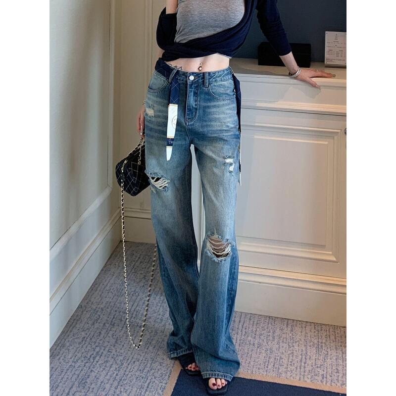 American Style Spicy Girl Blue Ripped Jeans for Women, 2026 Summer New Loose Slimming Narrow Straight-Leg Floor-Length Pants American Style Spicy Girl Blue Ripped Jeans for Women, 2026 Summer New Loose Slimming Narrow Straight-Leg Floor-Length Pants