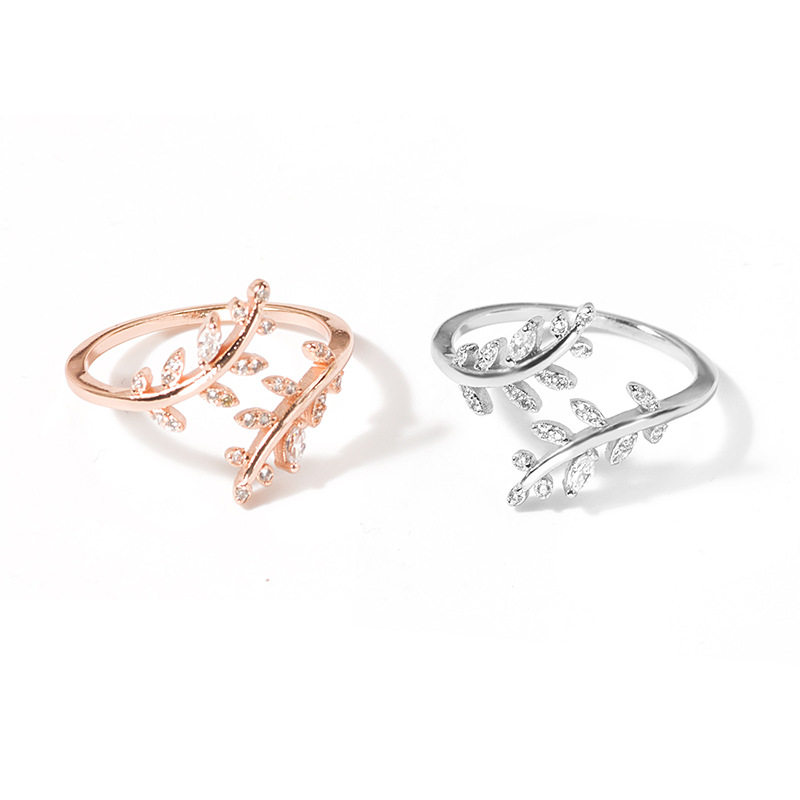 Han edition Xiaoqing fresh drilling leaves open ring fashion temperament and cold air minimal adjustable ring z