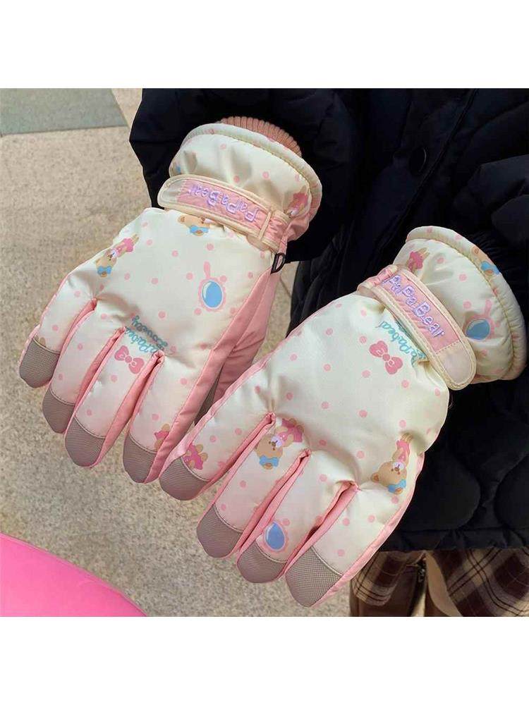 Beige Cute Bear Ski Gloves for Women, Winter Korean Style, Warm, Fleece-Lined, Thickened, Outdoor Windproof, Cold-Proof, Trendy for Cycling