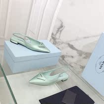 Prada Prada 22 new true silk womens shoes low heel sandals Triangle tip high heel cat heel shoe single shoe