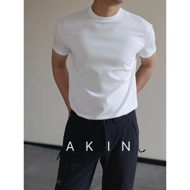 Akin Long-Staple Cotton Small Neckline Slim-Fit Short-Sleeved Men's Spring and Summer New Fitness Sports Pure Color Round Neck T-Shirt Akin Long-Staple Cotton Small Neckline Slim-Fit Short-Sleeved Men's Spring and Summer New Fitness Sports Pure Color Round Neck T-Shirt