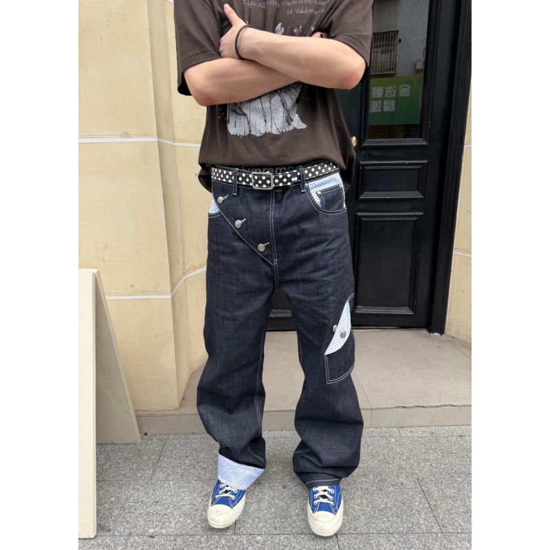 Vividmood 14 oz Kanglong Three-Dimensional Cut Polka Dot Diagonal Placket Original Color Jeans