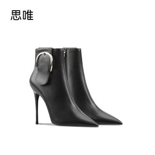 黑色皮面短靴女2025年新款尖头细跟高级感百搭侧拉链皮带扣单靴