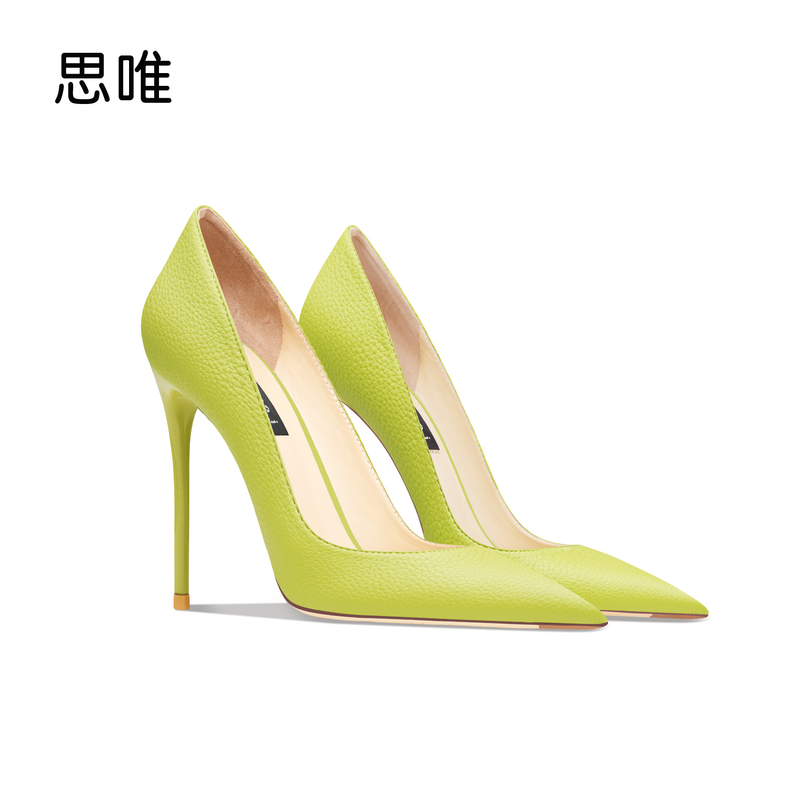 Genuine Leather Green Lychee Pattern High Heels for Women 2026 New Style Metal Heel Pointed Toe Shallow Mouth Fashionable French Style Shoes