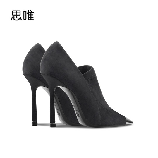 金属铁头黑色绒面时装靴女2025年秋冬方头方根新款短靴通勤瘦瘦靴